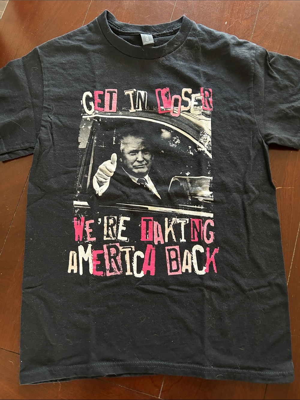 Gildan Black Short Sleeve Graphic Tee with Pink and White Print